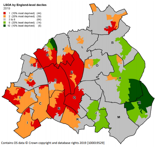 Walsall deprivation map indicating extremes: high deprivation (deciles 1 and 2 in red and orange) versus low deprivation (deciles 9 and 10 shaded in green).