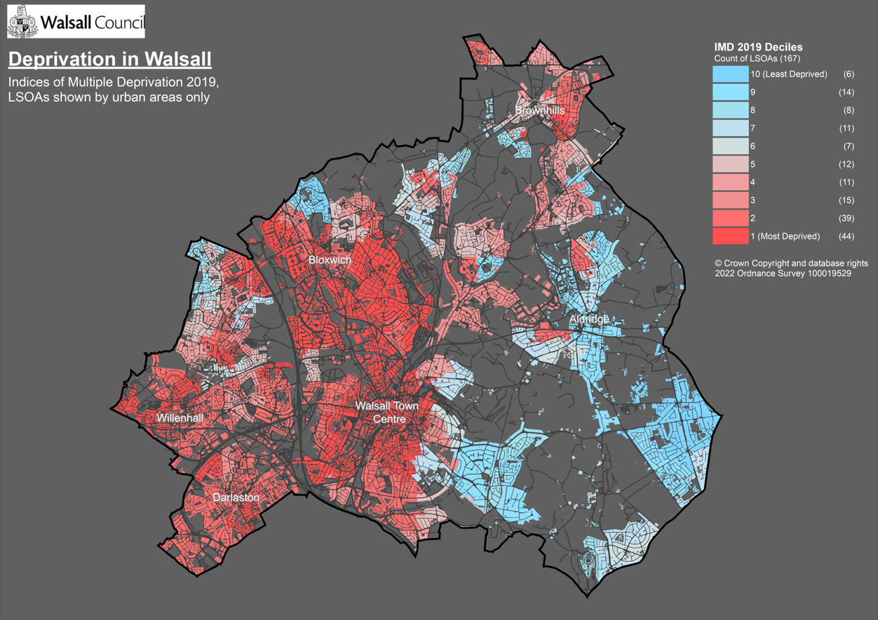 Deprivation by urban areas in Walsall, where red indicates areas of high deprivation and blue indicates low deprivation.